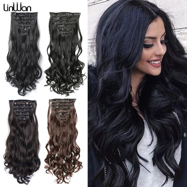 

synthetic wigs 16 clips in hair 22 inch long wavy hairstyle clip ombre blonde black hairpieces heat resistant false
