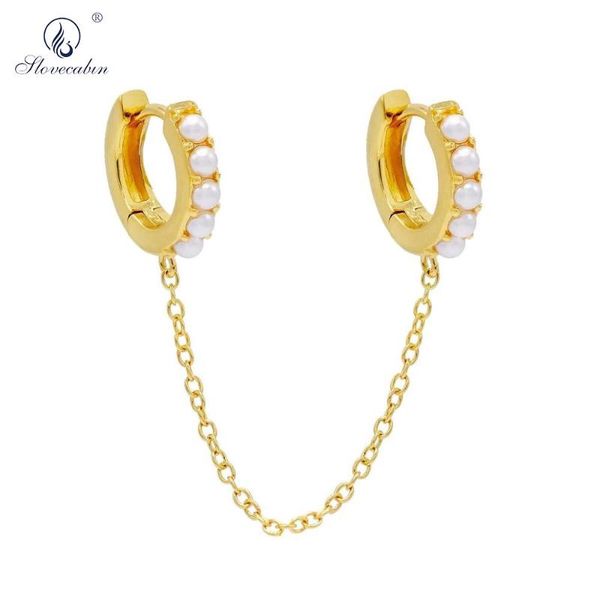 

hoop & huggie slovecabin original 925 sterling silver pearl chain double huggies earrings piercing wedding ear cuff women fine jewelry, Golden;silver