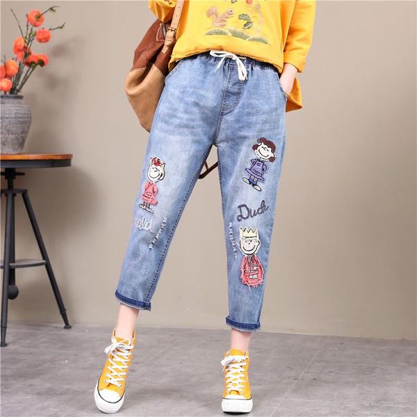 

women's jeans embroidered patch wild casual nine points pants light color harem elastic high waist loose women, Blue