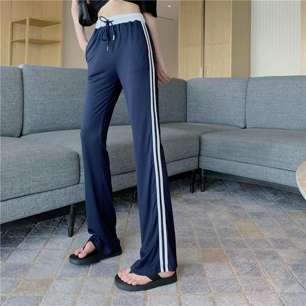 

women's pants & capris harteen summer fashionable elegant trousers contrast color elastic high waist and thin all-match casual straight, Black;white