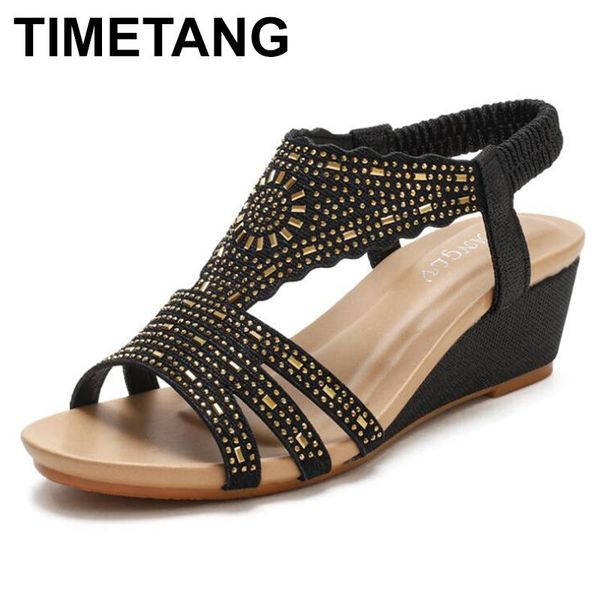 

timetang women wedges sandals ladies high heel shoes soft leather fashion t style crystal design female pumps large plus size, Black
