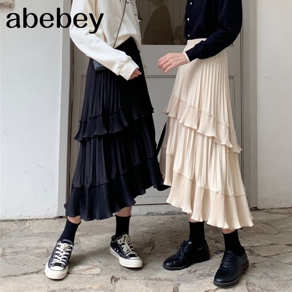 

black beige fashion korean ruffle midi long a-line skirt women casual spring summer high waist irregular all-match skirts female 210309