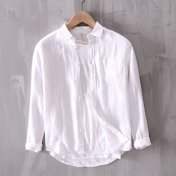 

2021 new casual long-sleeved 100% linen summer and spring white shirts for men fashion solid shirt mens chemise camisa 3etx