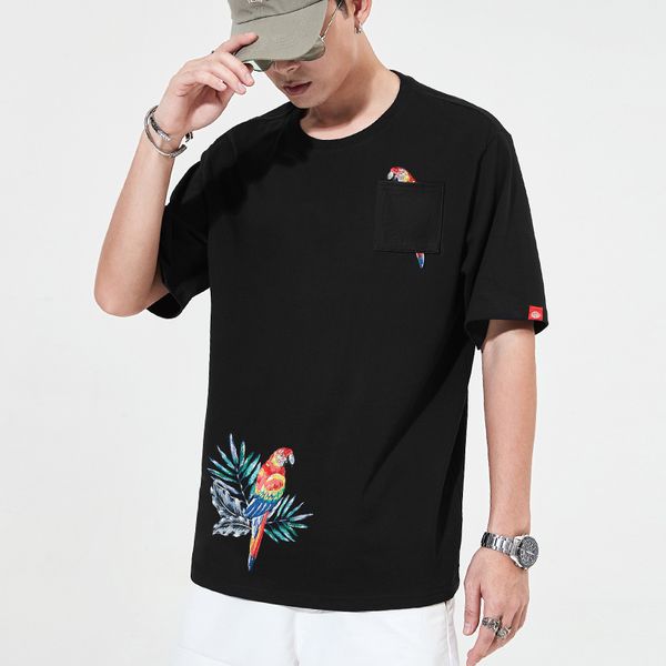

china fashion brand cotton short sleeve men's t-shirt summer coat parrot embroidery loose half sleeve, White;black