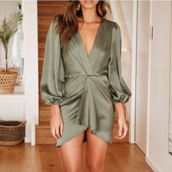 

casual dresses women's bodycon evening party dress office ladies deep v neck long sleeve solid beach loose satin mini, Black;gray