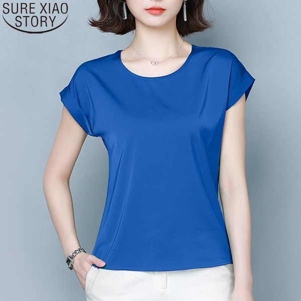 

women's blouses & shirts elegant women loose summer blouse 2021 simple solid silk round collar short sleeve womens clothing 9227 50, White