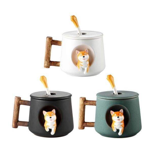 

mugs cartoon ceramic mug 3d dog pattern w/ lid spoon milk juice water cup 500ml for kids friends girls gift