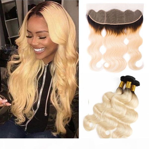 

indian raw virgin human hair 3 bundles with 13x4 lace frontal 4 pieces lot body wave 1b 613# hair porducts wefts with 13 by 4 frontal 1b 613, Black;brown