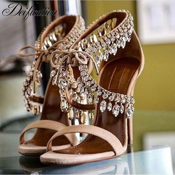 

dress shoes deification fashion pumps zapatos mujer 2021 rhinestone gladiator sandals women suede thin high heels lace up ladies woman, Black