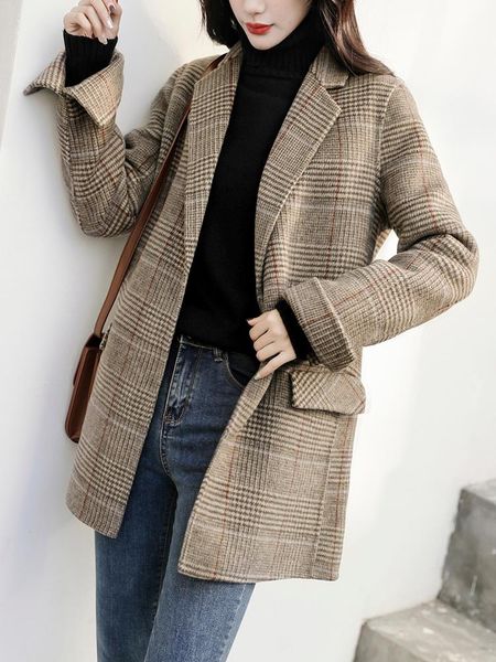 

women's wool & blends kmetram autumn winter jacket women real coat female double side woolen korean plaid manteau femme ckt202, Black