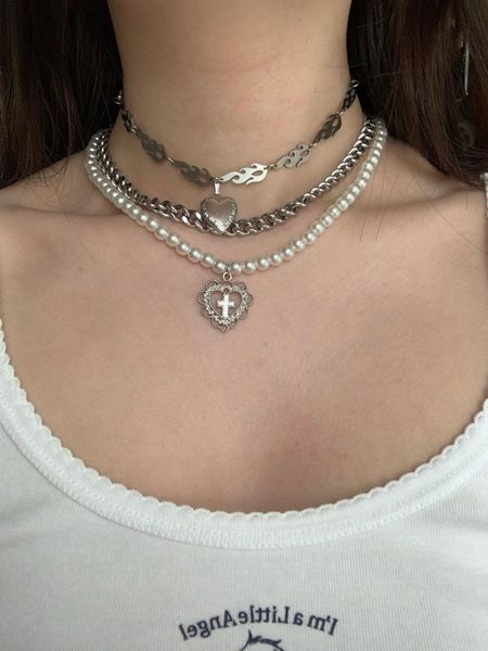 

pendant necklaces trend elegant pearl white beads choker necklace for women girls fashion heart space cross party jewelry gifts, Silver