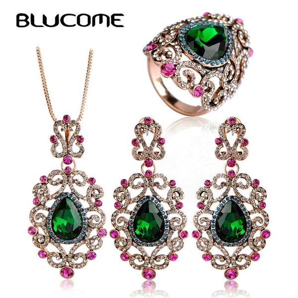 

earrings & necklace blucome turkish jewelry sets full crystal rhinestone flower pendant princess hooks vintage earring rings for women, Silver