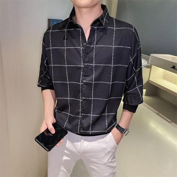 

men's casual shirts 2021 plaid shirt summer ice silk thin short-sleeved handsome trend streetwear loose social pullover, White;black