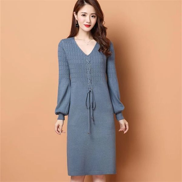 

sweater dress women winter v-neck lantern sleeve lace up pullover ladies casual loose knee-length knitted vestito da donna 210604, Black;gray