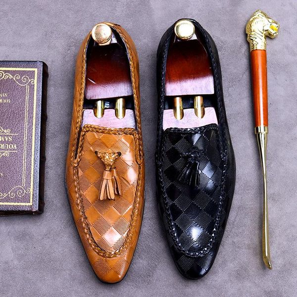 

dress shoes men's casual leather cowhide fashion tassel peas men large size korean slip-on business, Black