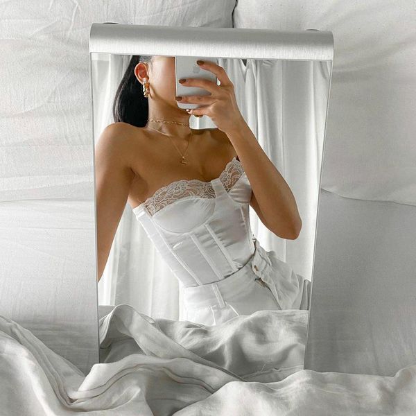 

strapless lace patchwork tank women elegant backless women summer office lady cropped 2021 zipper back vest, White