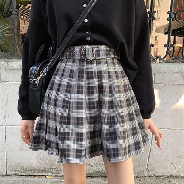 

plaid pleated mini harajuku grunge womens skirts winter autumn gothic streetwear high waist fashion short skirt, Black