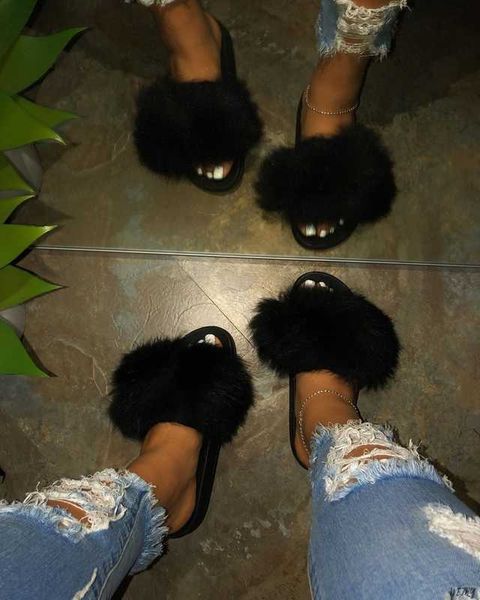 

faux washing bear furry slippers hairy fox hair sandals women plate antislip pluche slides casual beach outside shoes, Black