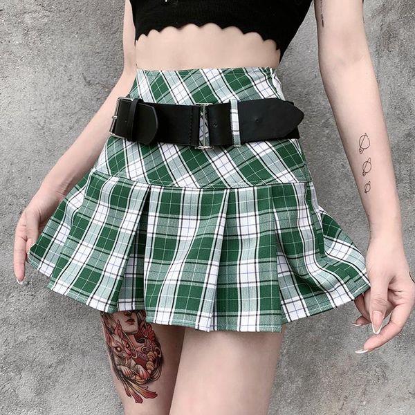 

skirts preppy style midi brown plaid skirt y2k elastic pleated with belts urban korean fashion women's clothes two piece sets, Black