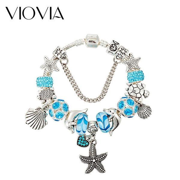 

charm bracelets viovia ocean style fish blue crystal beads starfish tortoise women & bangles diy jewelry b17061, Golden;silver