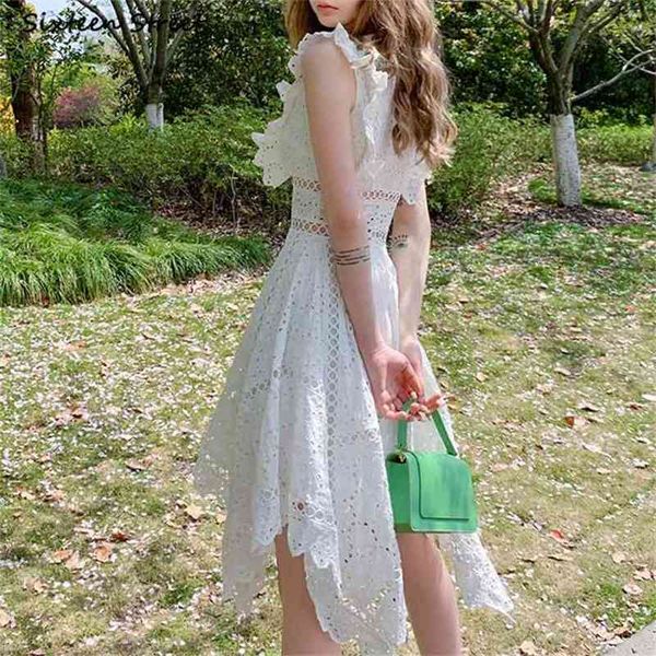 

luxury white lace dress for woman v-neck high waist runway design summer bodycon pink sleeveless portrait es party 210603, Black;gray