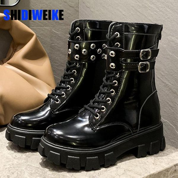 

boots punk women leather platform chunky sneakers autumn 5cm wedge heels mid-calf woman winter motorcycle, Black