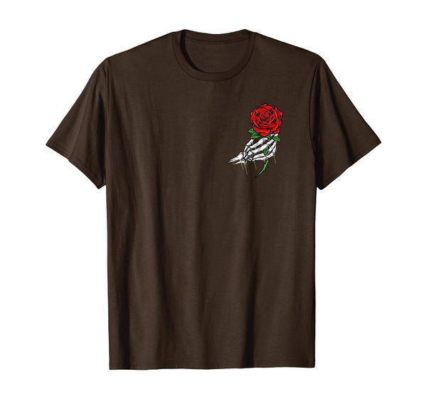 

rose shirt white skeleton hand holding a red rose t-shirt, White;black