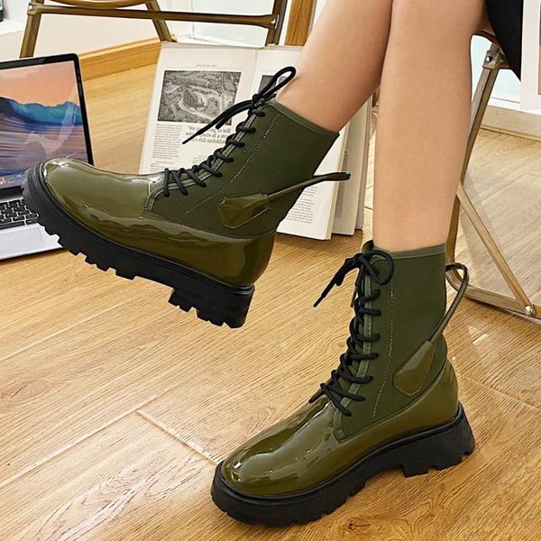 

boots patent leather ankle for women 2021 lace up strap platform motorcycle woman pu square heel botas, Black