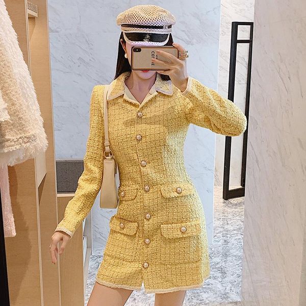 

casual dresses fashion designer yellow plaid tweed dress autumn winter women's long sleeve pearls single-breasted pocket woolen short, Black;gray