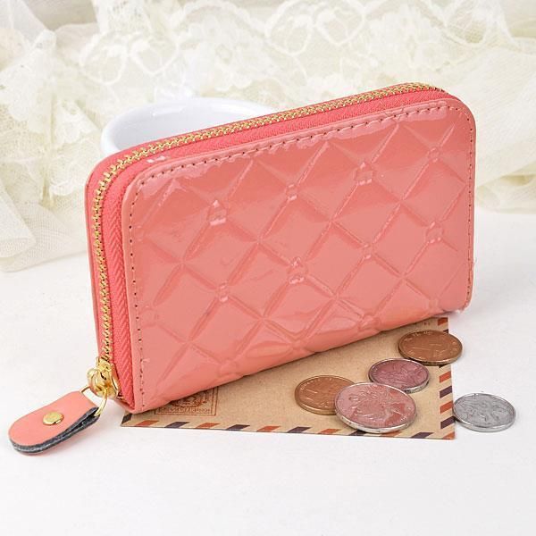 

fashion women zipper short wallets candy colors patent pu leather money keys bags lady plaid coin purse wristlets wallet burse, Red;black