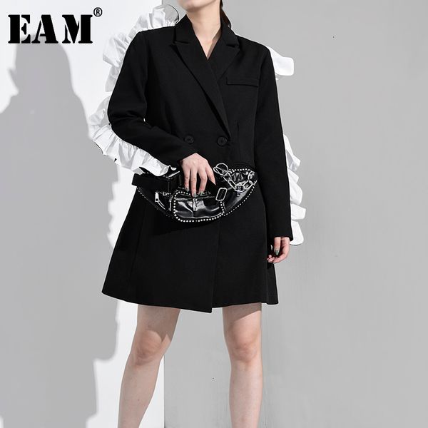

eam] new spring autumn lapel long sleeve black loose hit color ruffles stitch personality jacket women coat fashion ra1500 201013, Black;brown