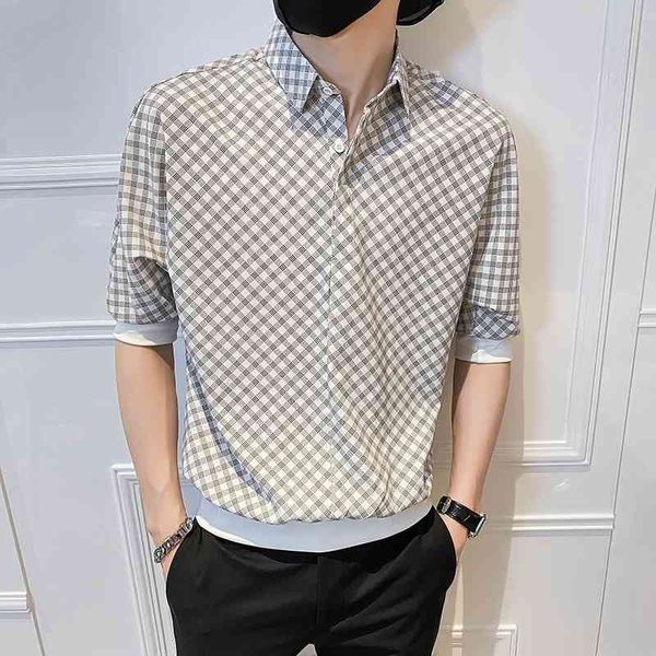 

summer plaid pullover men loose streetwear shirts short sleeve casual shirt social party male clothing camisas para hombre 210527, White;black