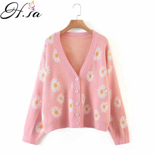 

h.sa women cardigans autumn winter v neck sunflower printed girls chic sweater jackets casual oversized y2k cardigans women 210716, White;black