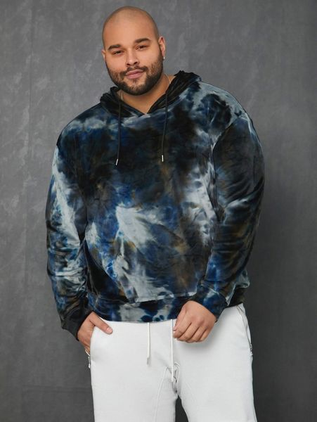 

extended sizes men tie dye drop shoulder drawstring hoodie 085j#, Black