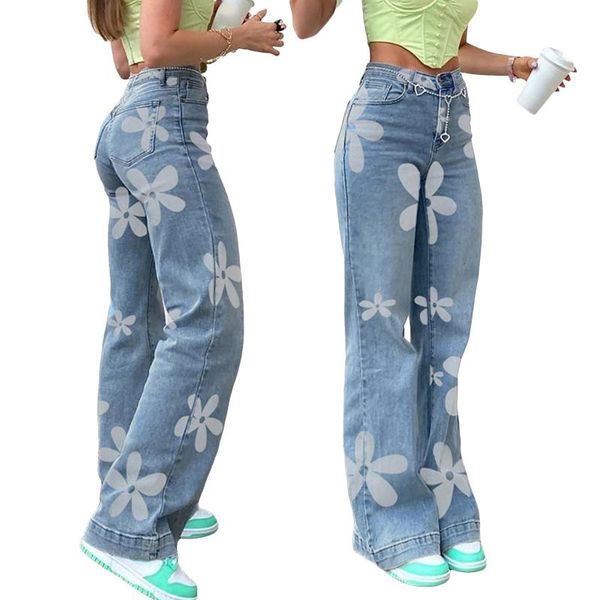 

women's jeans women high waist wide leg floral print streetwear y2k denim pants with pockets casual trousers for teen girls autumn, Blue