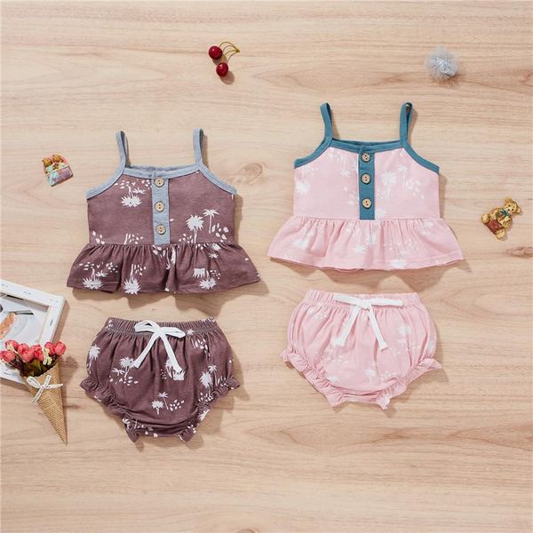 

clothing sets born girls 2pcs summer outfits kid sleeveless tree print strap button crop shorts baby's set, White