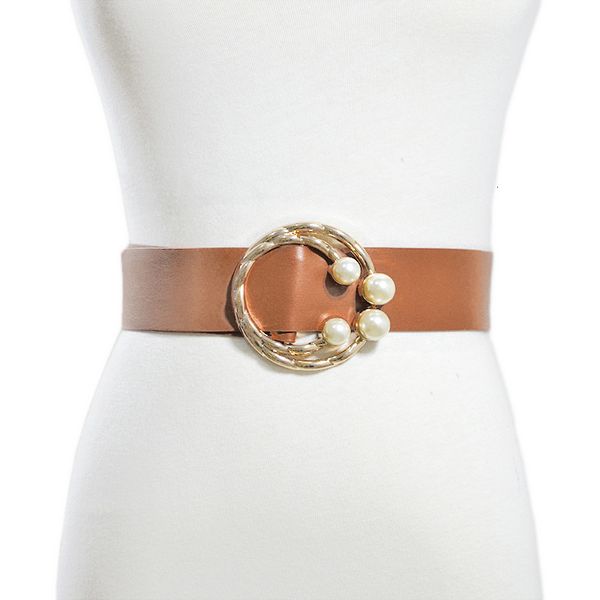 

sweet and versatile pearl decoration round buckle belt women's fresh candy multicolor imitation leather belt, Black;brown