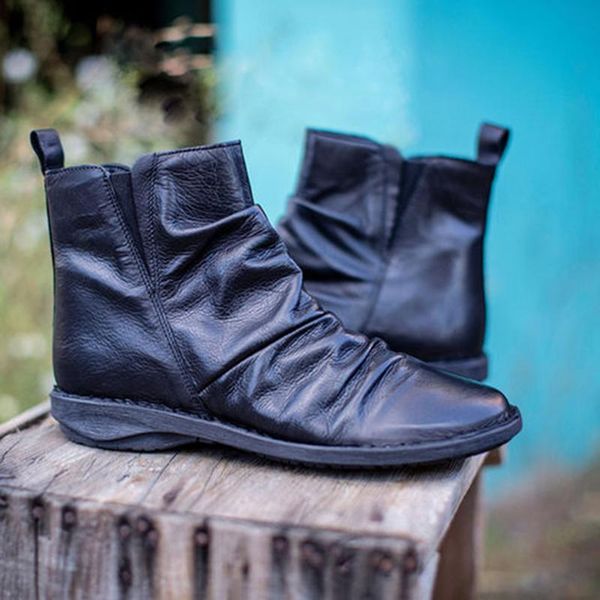 

women boots 2021 leather ankle boots flat shoes autumn winter snow platform zipper punk ladies shoes botas mujer, Black