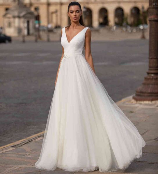 

new simple long wedding dress 2021 v-neck sleeveless a-line court train tulle bridal gowns vestido de noiva longo robe de mariee, White