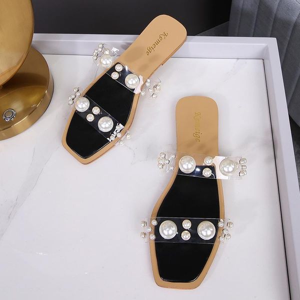 

slippers summer transparent pvc string bead shoes woman fashion open toe crystal perspex slides beach ladies sandale 2021, Black