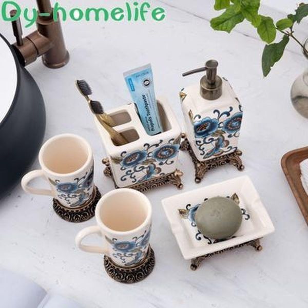 

bath accessory set american creative flower ice cracked glaze ceramic bathroom wash 5-piece star el room supporting high-end