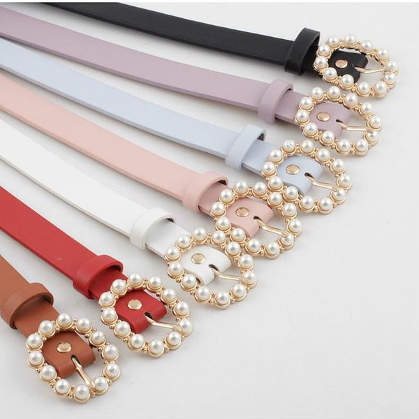 

belts fashion pearl decorative belt ladies round pin buckle women's casual solid pu leather thin ceinture femme, Black;brown