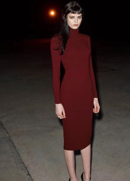 

2021 new sinly winter long sleeve turtleneck midi burgundy women bandage fashion evening party vestido 5101, Black;gray