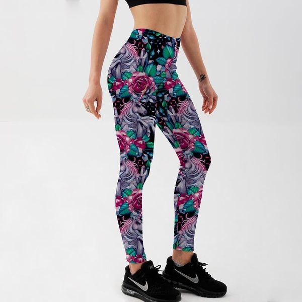 

women's leggings qickitout arrival legging fitness digital print pretty rose white horse flying pants pencil trousers, Black
