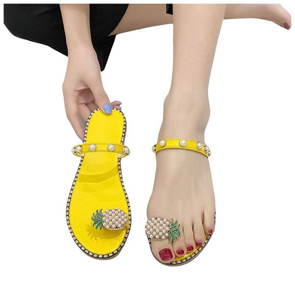 

sandals women slipper pineapple pearl flat toe bohemian casual shoes beach ladies platform sandalias de mujer verano 2021, Black