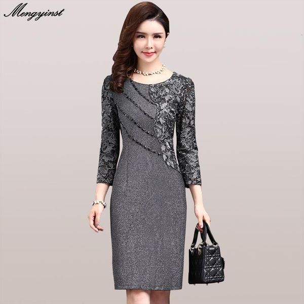 

elegant long sleeve autumn women dress vintage office ol work bodycon lace patchwork vestidos, Black;gray