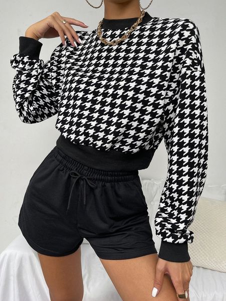 

houndstooth print drop shoulder pullover j0xr#, White;black