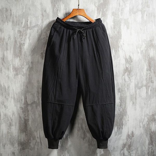 

men's pants cotton linen man's joggers 2021 men solid color casual harem baggy male clothing, Black