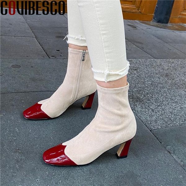 

boots covibesco fashion concise casual women ankle autumn winter high heels shoes woman side zipper square toe stretch, Black