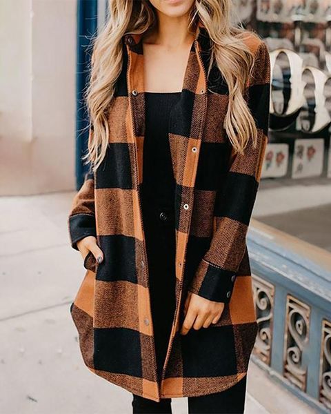 

women's trench coats 2021 large size lapel plaid shirt mid-length long-sleeved jacket, Tan;black